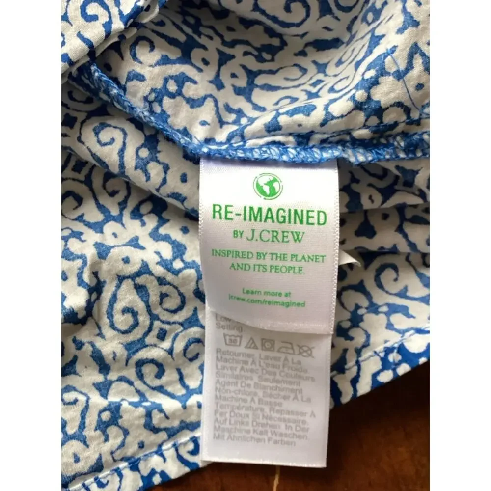 J. Crew Blue and White Printed Peasant Blouse Womens M, Boho, Tassels